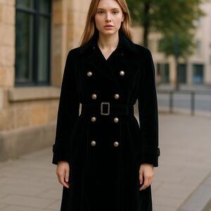 Ralph Lauren Black Label Double-Breasted Black Velvet Trench Coat